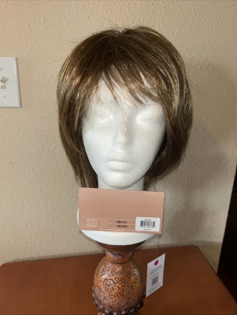 Style is Devin Layered Women's Wig in Light Brown with Highlights Color R8/26H
